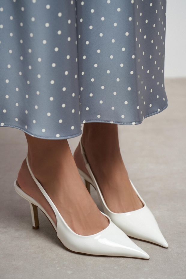 Parla White Patent Leather Open Back Pointed Toe Women's Heeled Shoes