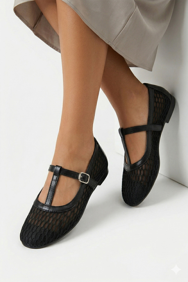 Mesh Embroidered and Embroidery-Detail Round Toe Luxury Women's Ballet Flats