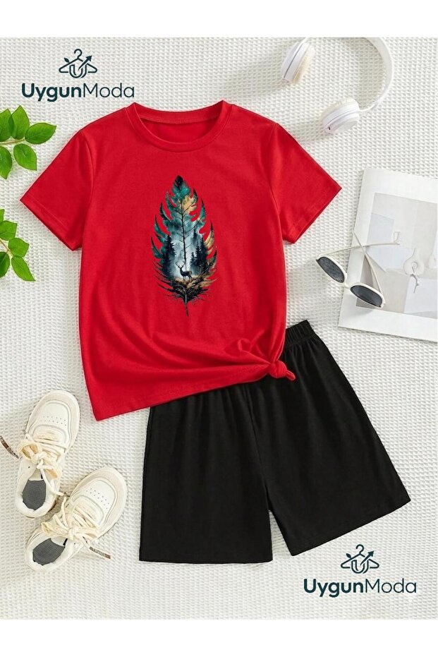 Canvas Feather Printed T-Shirt Shorts Summer Children's Set