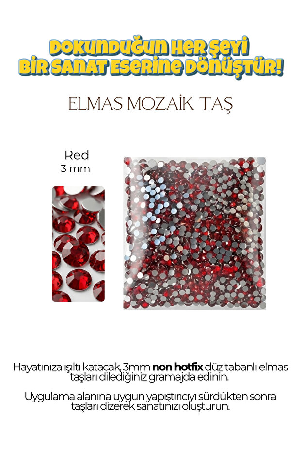 Brextco Store 1000 Adet Elmas Mozaik Taş | 3mm Non-Hotfix Düz Tabanlı Süsleme Taşı/Diamond Painting - Red