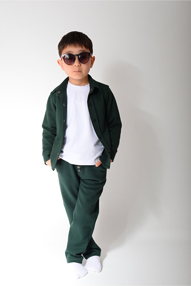 Boys' Green Slim Fit Lycra Shirt + Badi + Jagger Bottom Set (100% Cotton)