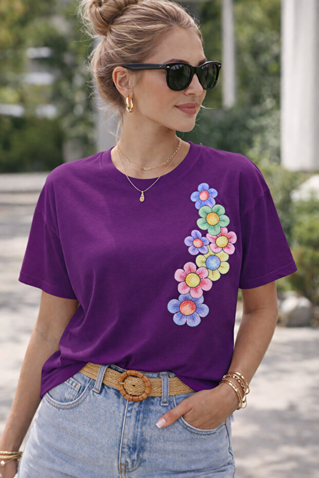 Floral Patterned Side Printed Unisex Oversize T-Shirt – Cotton Crew Neck Casual T-Shirt