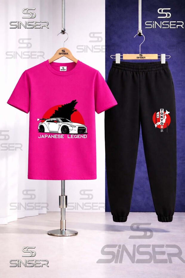Children's Car Tokyo Byz Japenes Writing Printed T-Shirt Sweatpants Set