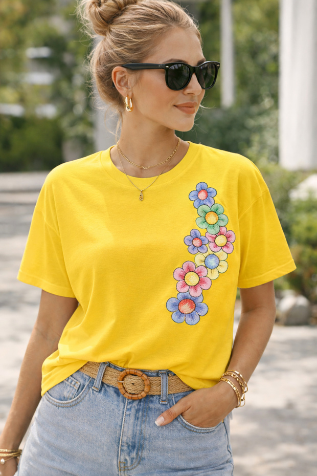 Floral Patterned Side Printed Unisex Oversize T-Shirt – Cotton Crew Neck Casual T-Shirt