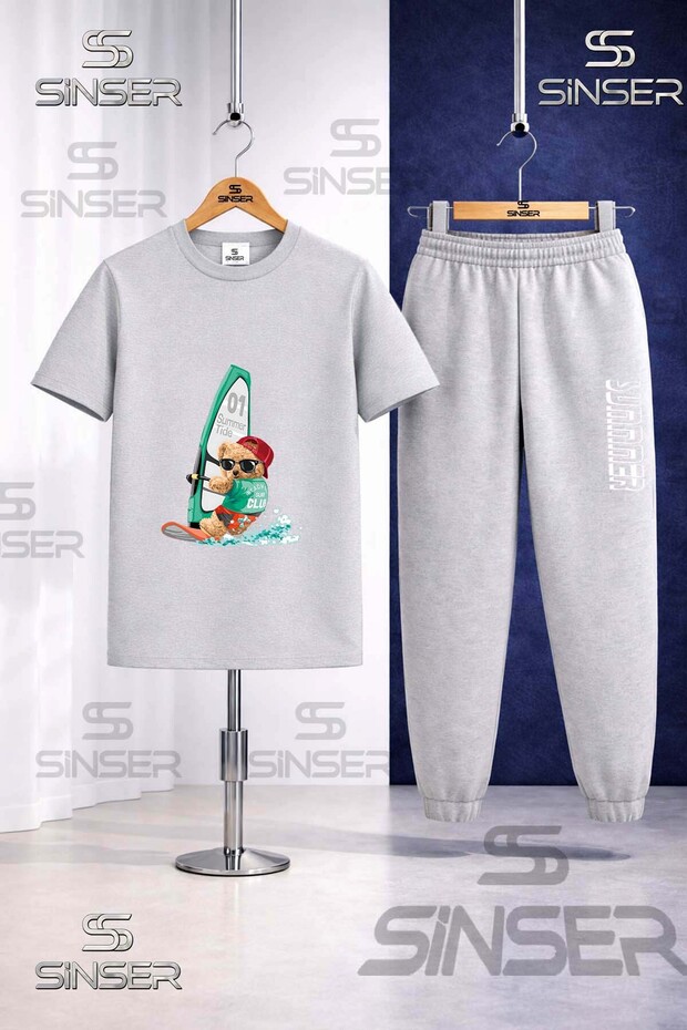 Children's Bear Surf Sea Printed T-Shirt Tracksuit Set