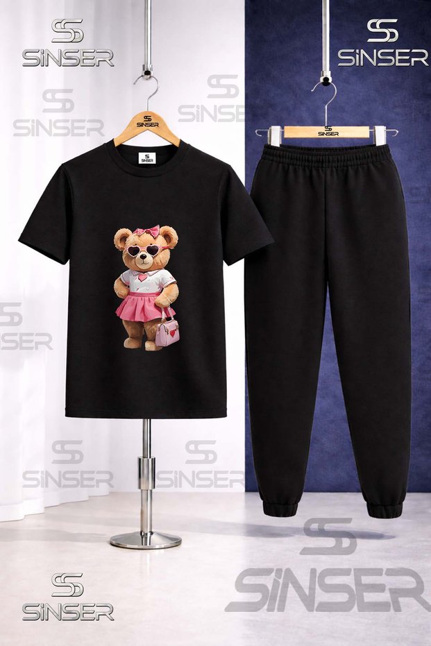 Children's Bear Pink Skirt Canta Printed T-Shirt Tracksuit Set