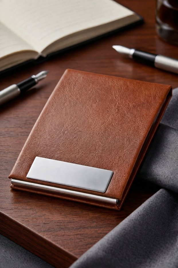 Velvet Inner Coated Vertical Card Holder - Magnetic Slim Metal Card Holder - Leather Covered Magnetic Business Card Holder