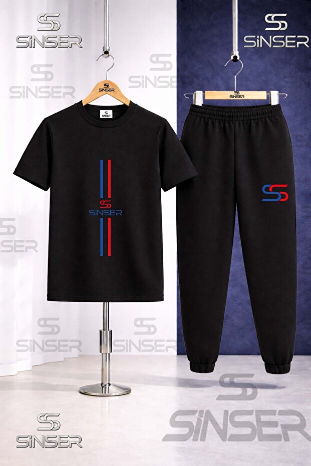 Children's Vertical Two Line Long Printed T-Shirt Tracksuit Set