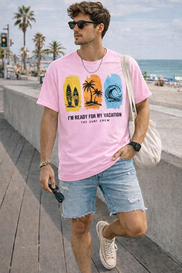 Surf and Vacation Themed Printed Unisex Oversize T-Shirt – Cotton Crew Neck Vacation Printed T-Shirt