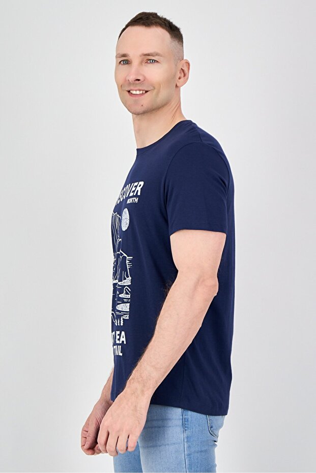 Men Crew Neck Short Sleeve Graphic Print T-Shirt, Navy - 2