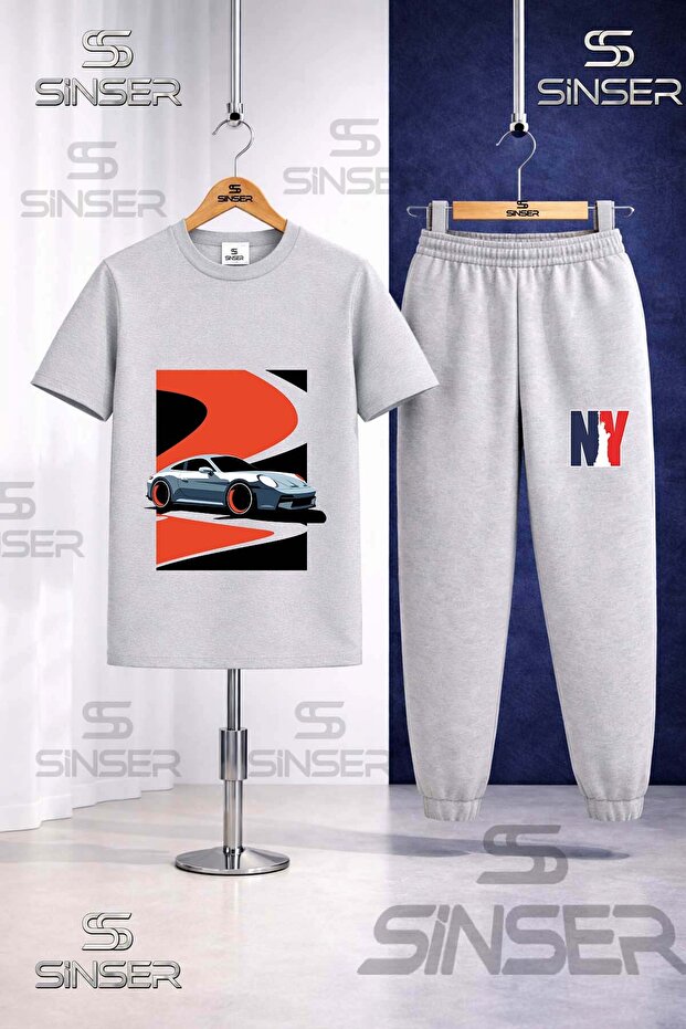 Children's Car Gray Red Black Canvas Printed T-Shirt Sweatpants Set