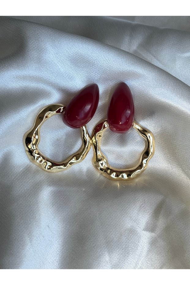 Gold Dangle Boho Style Earrings with Natural Burgundy Stones