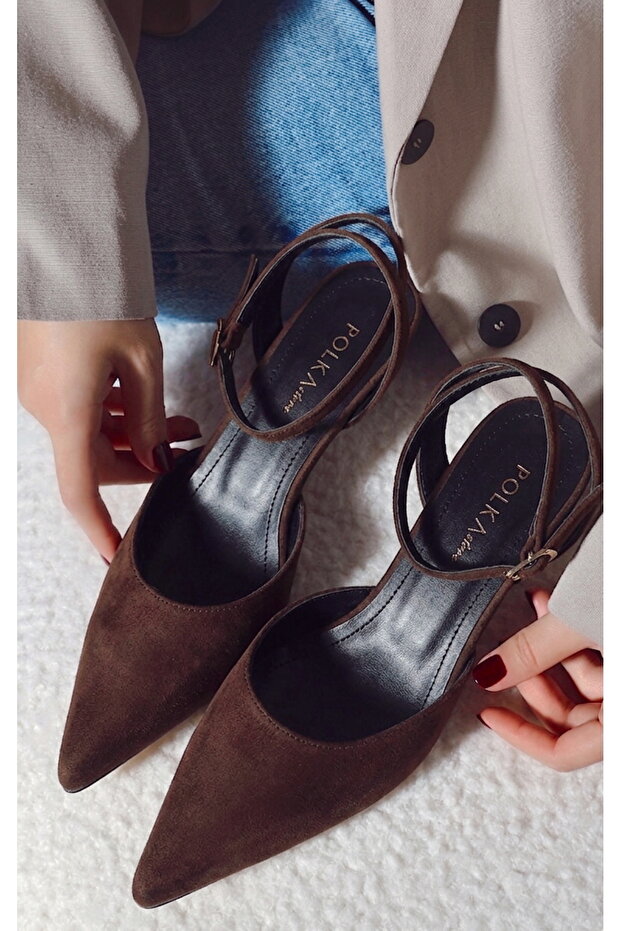 Palm Pointed Toe Short Kitten Heel Bitter Brown Suede Women's Shoes