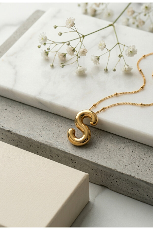 Gold Bubble Harf Kolye