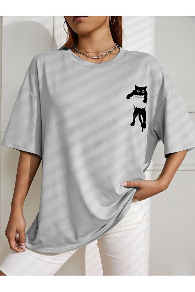 oversize cute cat printed printed T-shirt