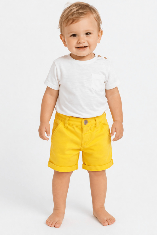 Baby Boy Yellow Belted Buttoned Chino Shorts 9-36 Months Summer Cotton Shorts
