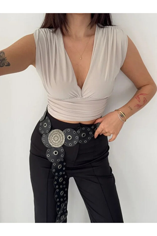 Padded Sleeveless V-Neck Draped Crop Blouse Lycra Fit - Dyed Gray