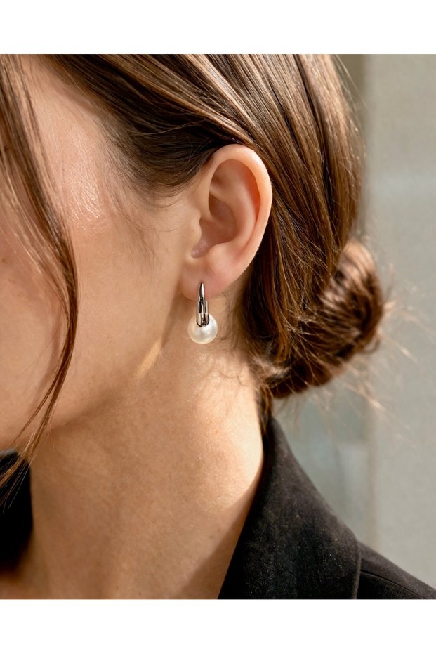 Minimal Steel Hoop Earrings with Pearl Detail – Silver Color