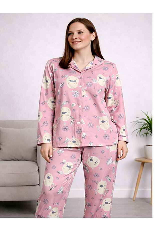 Women's Buttoned High Neck Long Sleeve Patterned Elastic Waist Nightgown Tracksuit Pajama Set