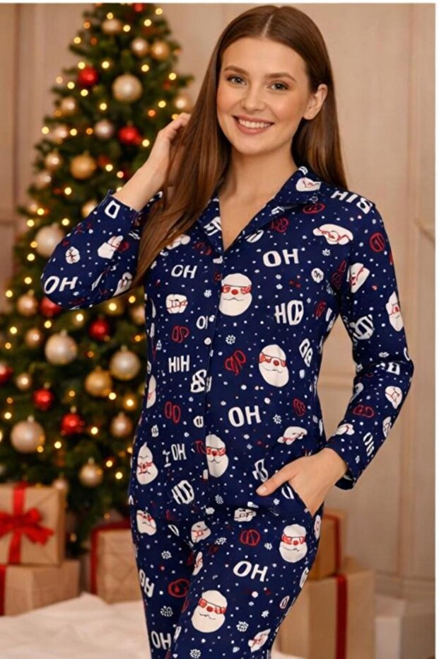 Women's Buttoned High Neck Long Sleeve Patterned Elastic Waist Nightgown Tracksuit Pajama Set