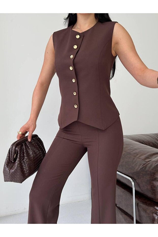 Buttoned Vest, High Waist, Slit-Cut Trousers Set