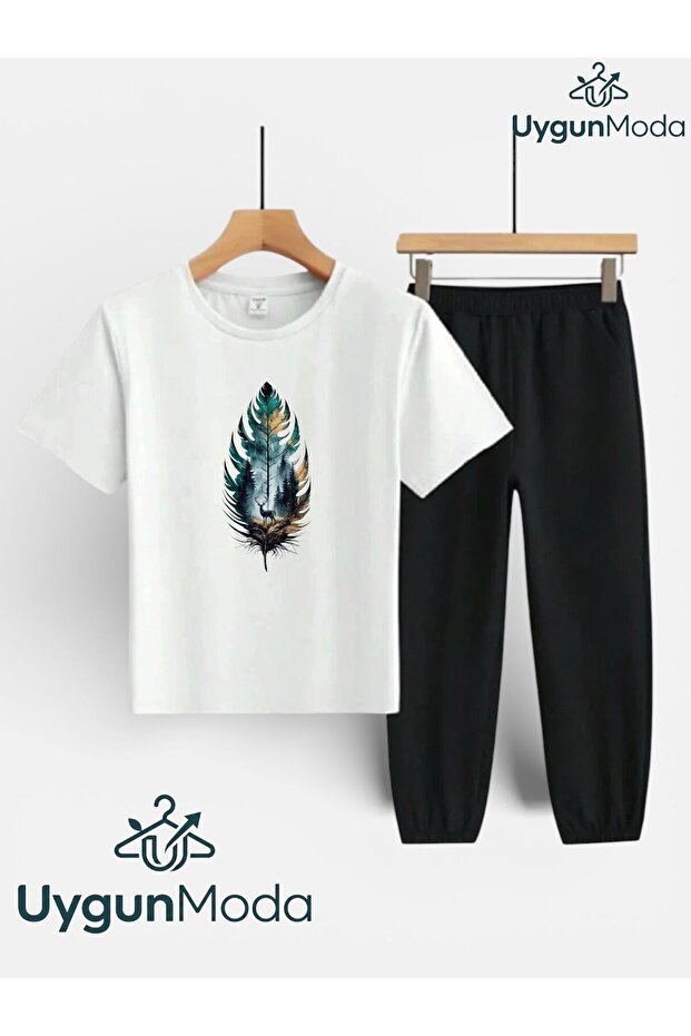 Canvas Feather Printed T-Shirt and Sweatpants (Sweatpants with Pockets) Children's Top and Bottom Set