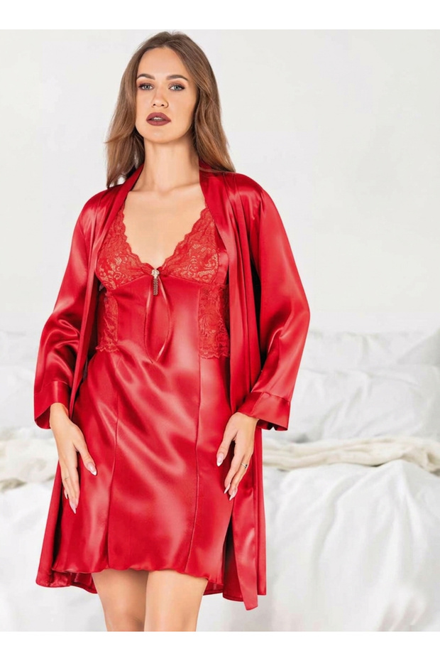 Lace Embroidered Satin Nightgown and Robe Set with Rope and Stone Details