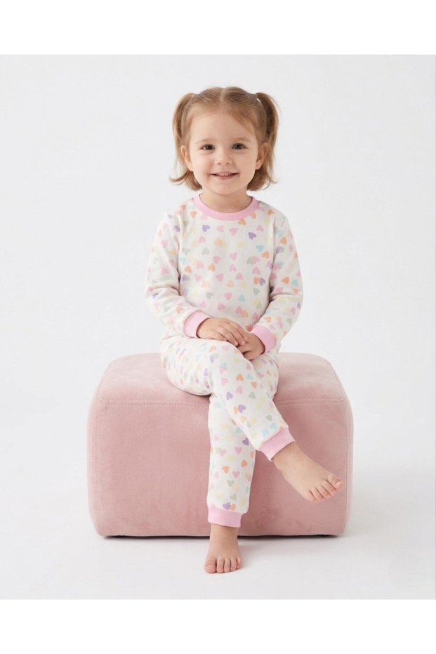 Girl's Heart Printed Crew Neck Seasonal 100% Cotton Nightgown Top and Bottom Pajama Set