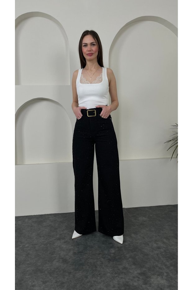 Wide Leg High Waist Stoned Jeans Black Color