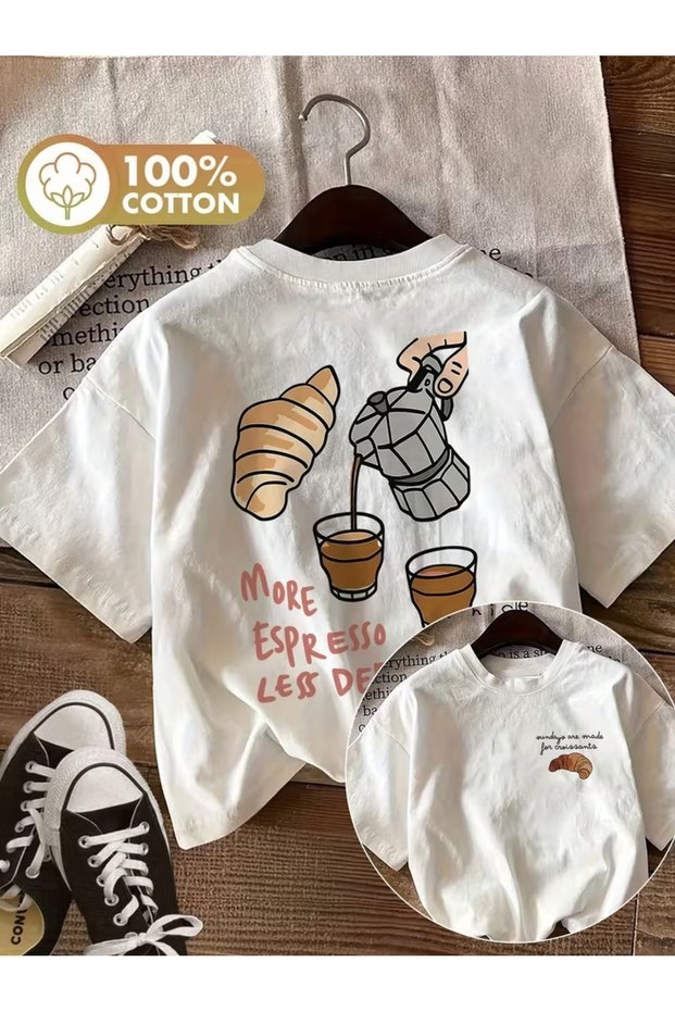 Unisex Coffee Croissant Printed Oversize Crew Neck T-Shirt