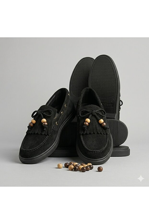 (Ceylanlar) Front Tasseled Beaded Rahan Daily Women's Flat Shoes Black
