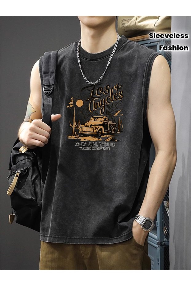 Men's Washable Sleeveless Oversize T-Shirt Printed Streetwear Comfortable Fit Casual Stylish Undershirt