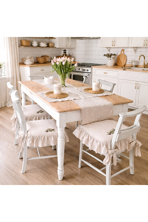 Farmhouse Kitchen Runner Set Olive Patterned 1 Runner 4 Chair Cushions Ruffled