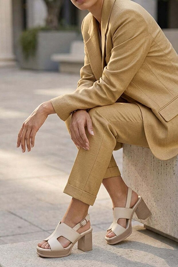 Doreen Genuine Leather Platform Detail Women's Sandals Beige