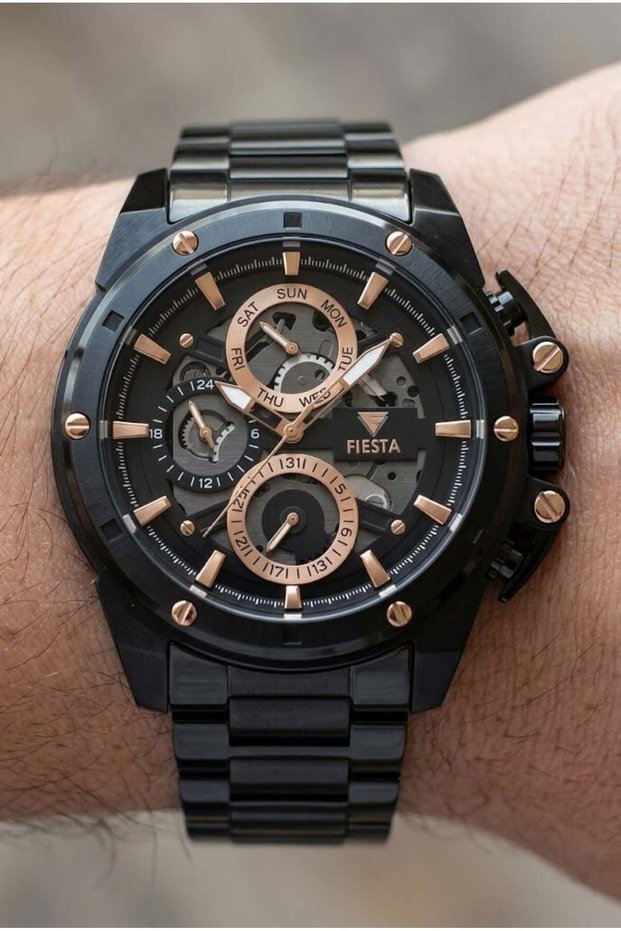 Black Men's Wristwatch | 48mm Black Steel Case, Black Steel Band, Sapphire Glass