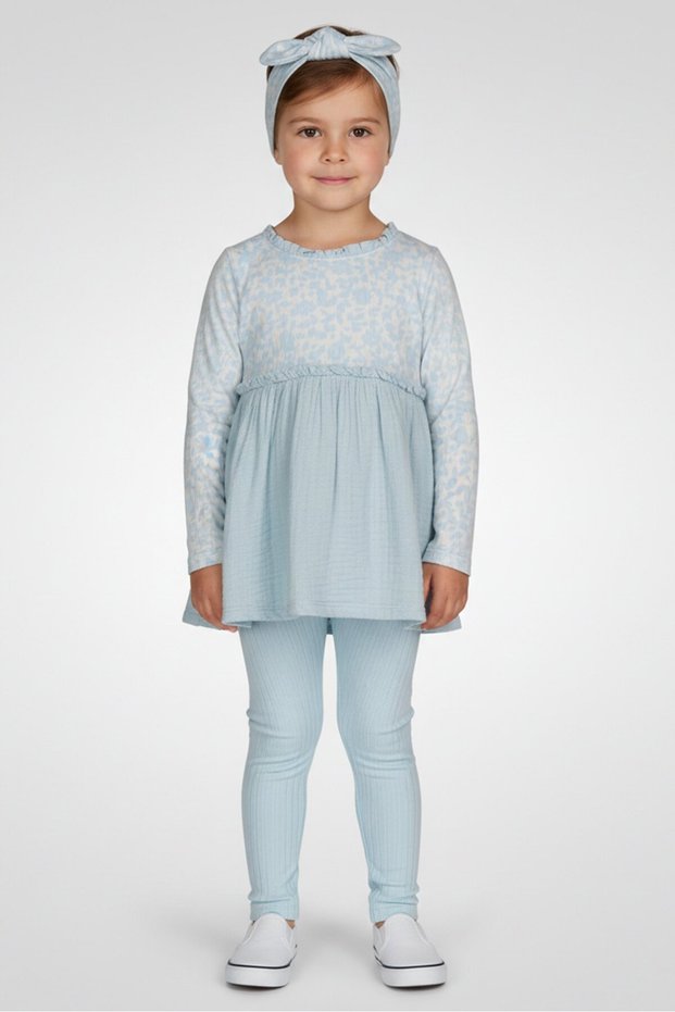 Toddlers Girl 3 Pcs Long Sleeve Top And Leggings With Headband Set, Light Blue