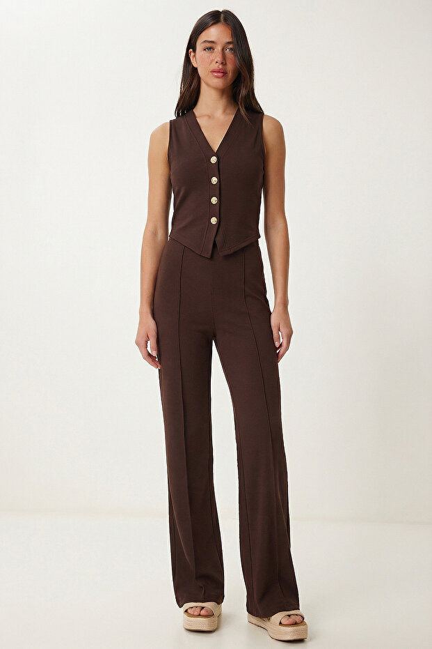 Gold Buttoned Modal Vest Trouser Set Lby0053 Brown