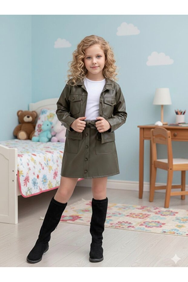 Girls' Leather Jacket and Skirt 3-Piece Set