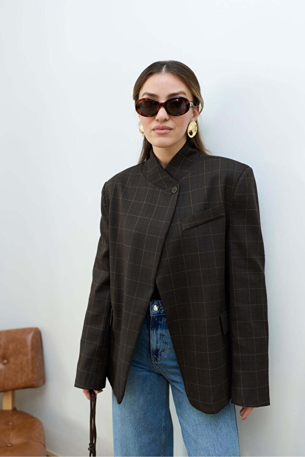 Women's Brown Notched Collar Single Button Plaid Blazer Jacket