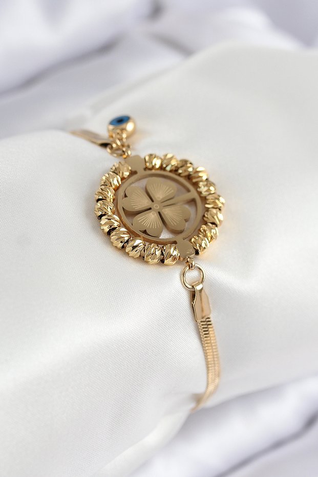 Stylish 316L Steel Evil Eye Bead Detailed Clover Model Italian Chain Gold Color Women's Bracelet Teachers