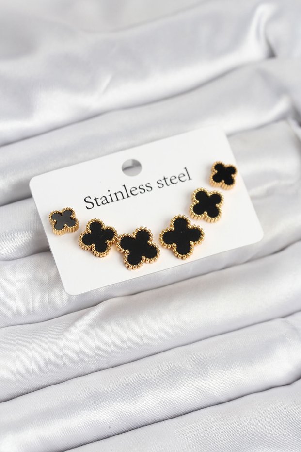 Stylish 316L Steel Gold Black Color 3 Sizes Clover Earrings Set Teachers Mothers Valentine's Day Gift