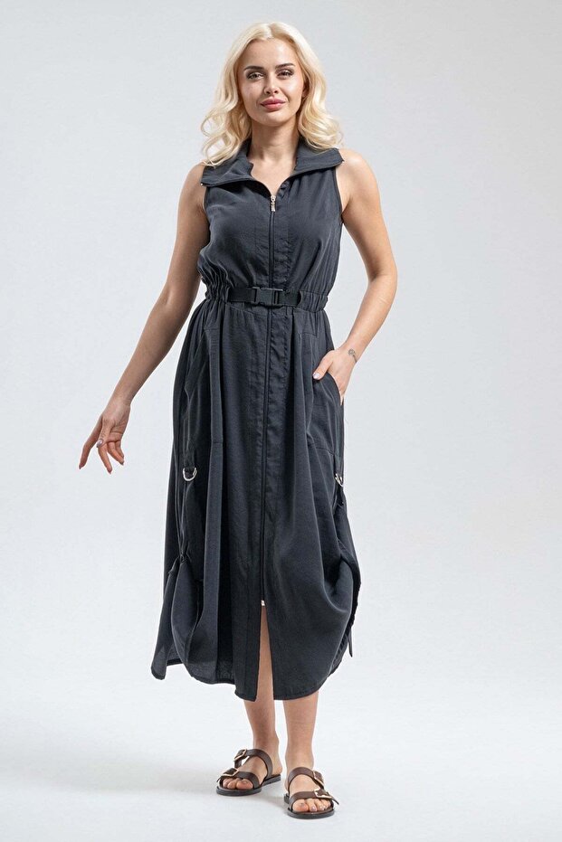 Women's Anthracite Pocketed Sleeveless Zipper-Down Buckle Modal Fabric Dress