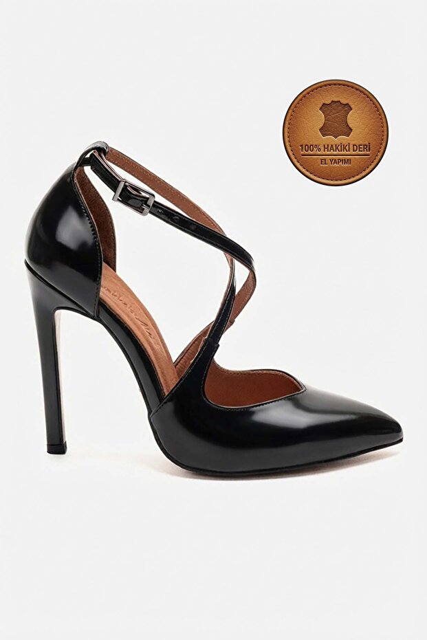 Genuine Leather Black Patent Leather Pointed Toe Ankle Strap High Thin Heeled Shoes Cleo