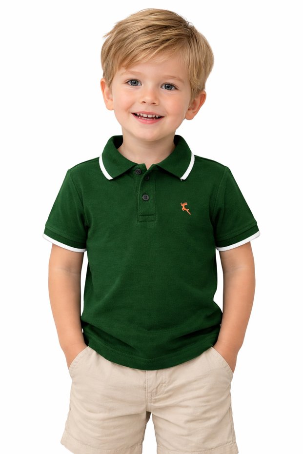 Boy's Green Color Polo Collar T-Shirt with Snap Closure and White Stripe Detail