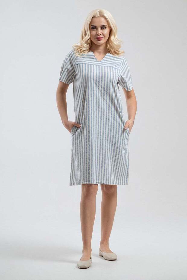 Women's Blue Ecru Striped V-Neck Short Sleeve 100% Cotton Dress with Pockets