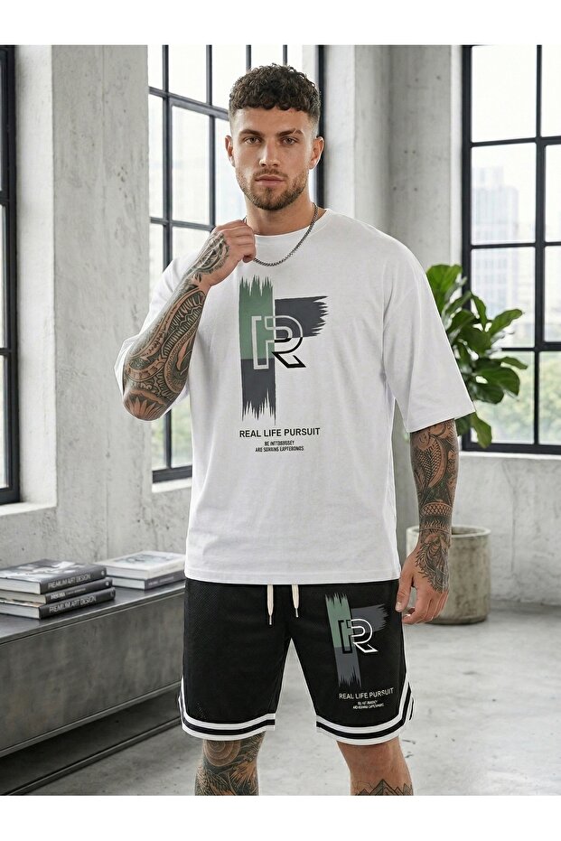 Men's Real Life Printed Shorts and T-Shirt Set – Oversized Summer Top and Bottom Sports Set Casual Combination