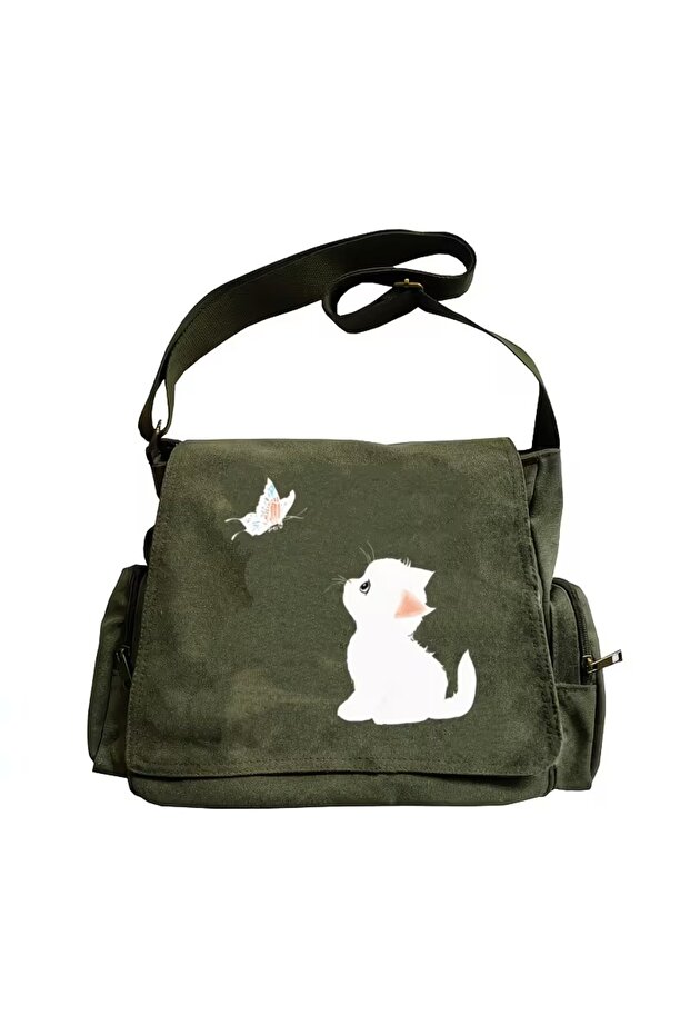 Vintage Sweet Cute Cat Printed Unisex Khaki Messenger Bag