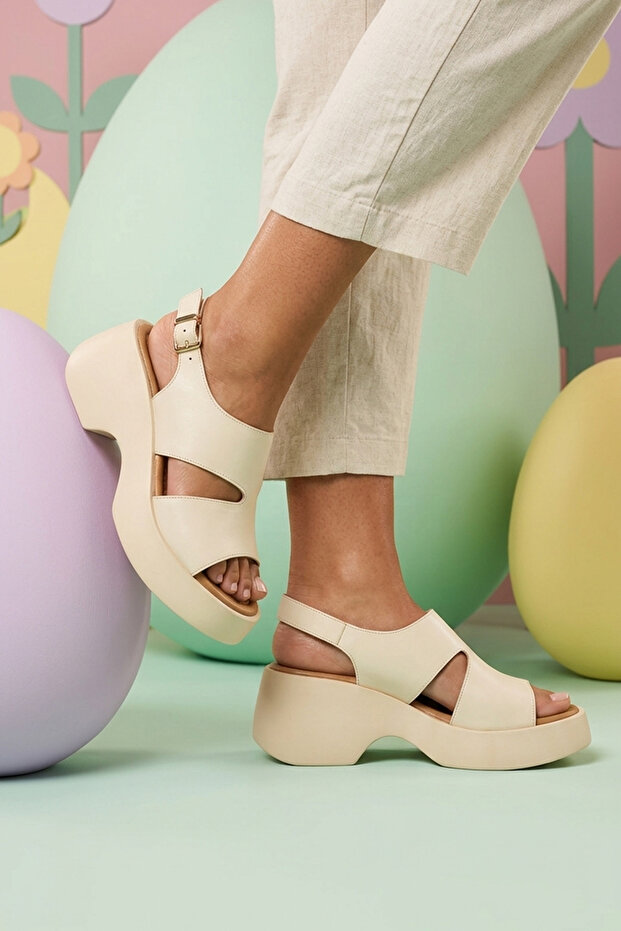 Beige Color Genuine Leather Women's Platform Sole Asymmetrical Women's Sandals with Back Strap Real Leather