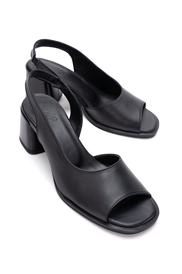 Women's Genuine Leather Mid-Heel Sandals 6358 Black