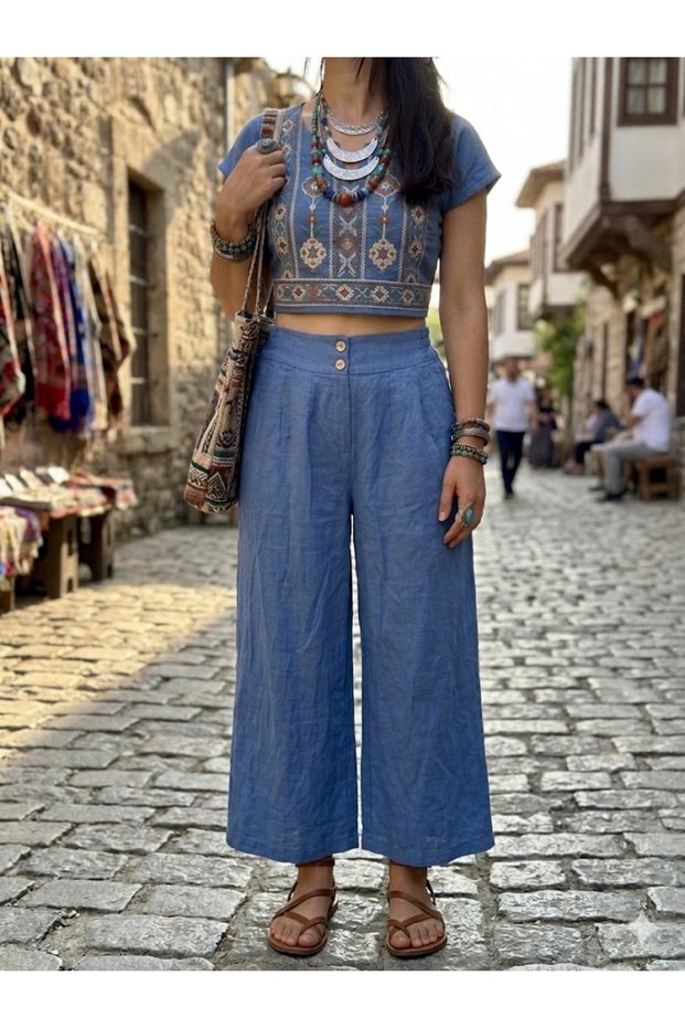 Women's Italian Blue 100% Linen Trousers with Elastic Waist and Side Pockets, Wide Legs